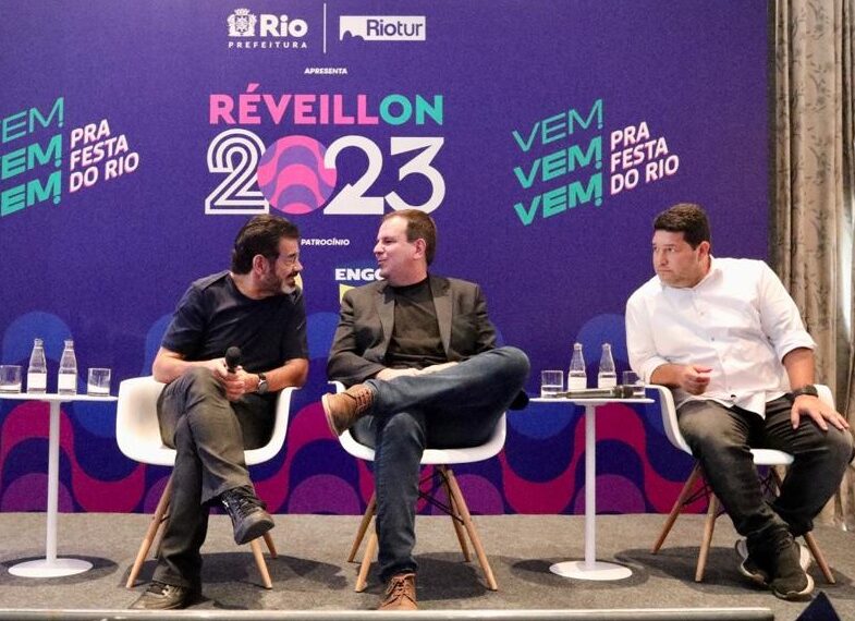 Abel Gomes, sócio da empresa organizadora do evento, Eduardo Paes, prefeito do Rio e Ronnie Aguiar, presidente da Riotur.